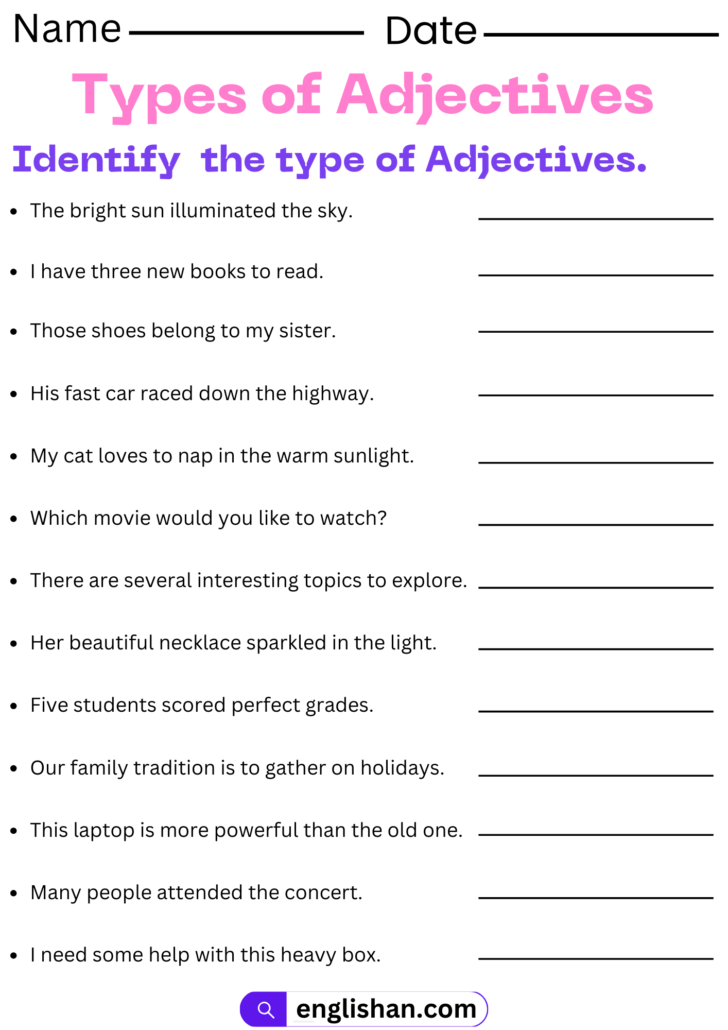 Types Of Adjectives Worksheets With Answers