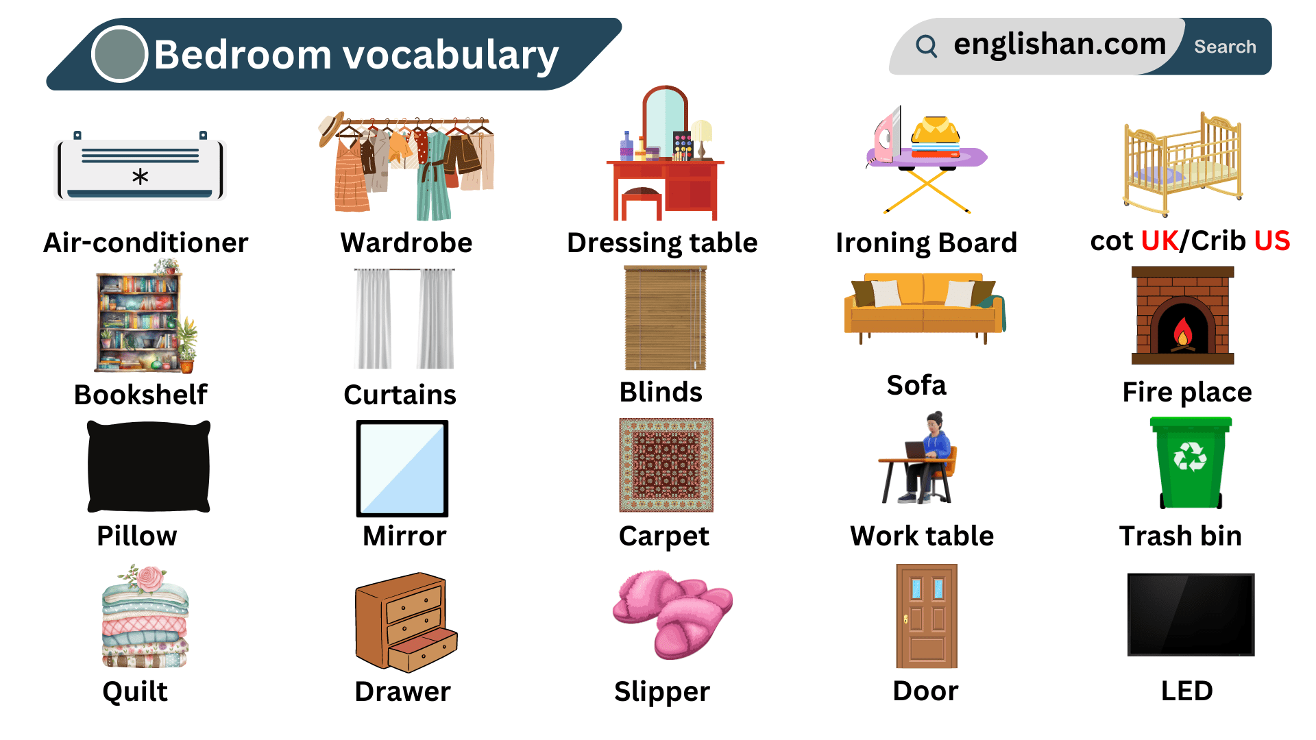 Bedroom items vocabulary with images