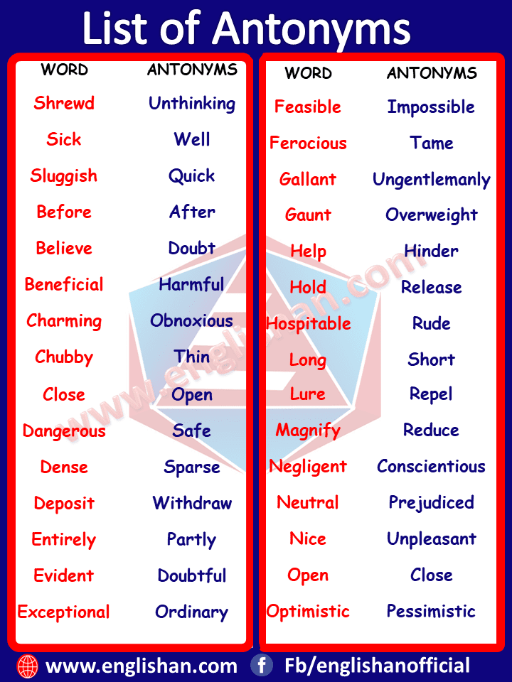 Antonyms List PDF