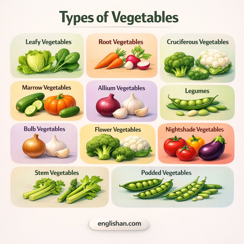 Main types of vegetables with pictures, including leafy vegetables, root vegetables, bulb vegetables, stem vegetables, and flower vegetables.