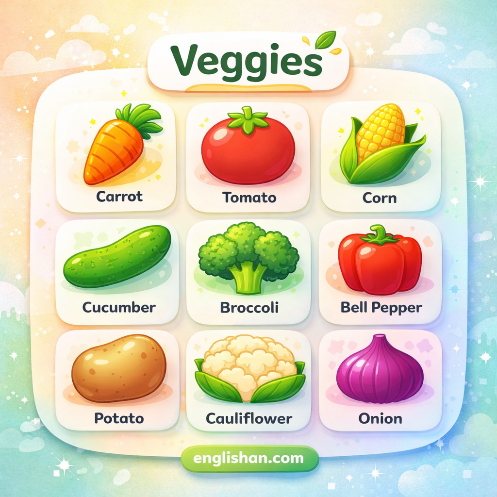 Vegetables names for kids, with easy words like carrot, potato, tomato, broccoli, and spinach.