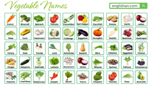 Vegetable names with pictures, including carrot, potato, tomato, broccoli, and spinach in a labeled food chart.