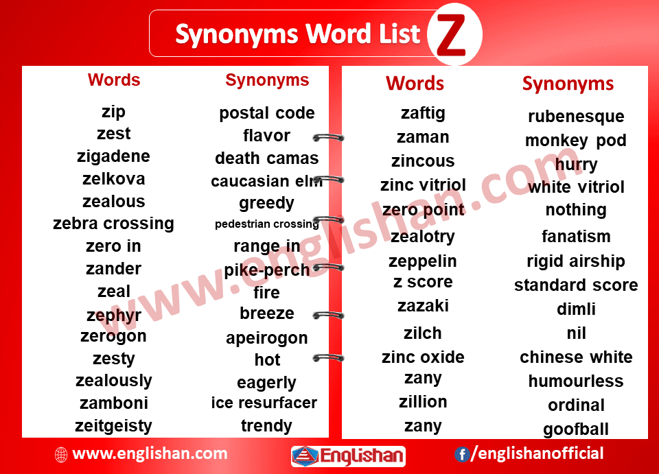 Synonym Words List Z
