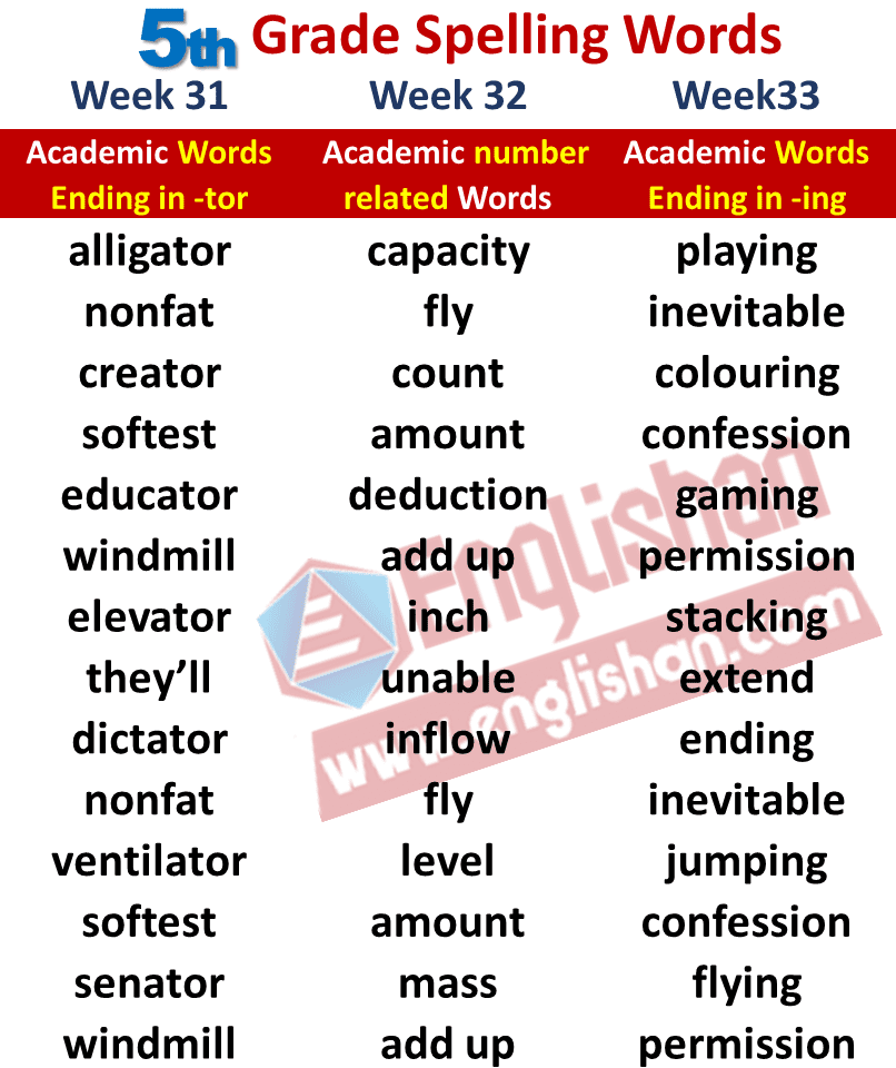 5th Grade Spelling Words List 