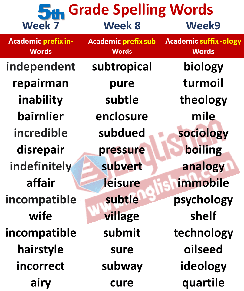 5th Grade Spelling Words Common Core