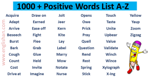 Positive words from A to Z, with words like amazing, brave, cheerful, kind, joyful, and wise.