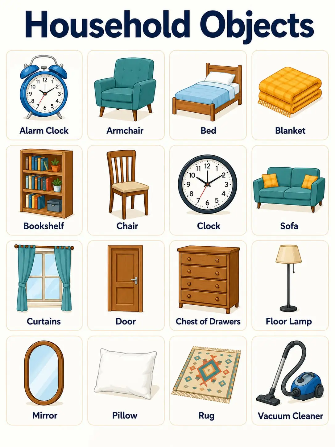 Household objects vocabulary chart with sofa, bed, lamp, refrigerator, kettle, chair, clock, mirror, and towel.