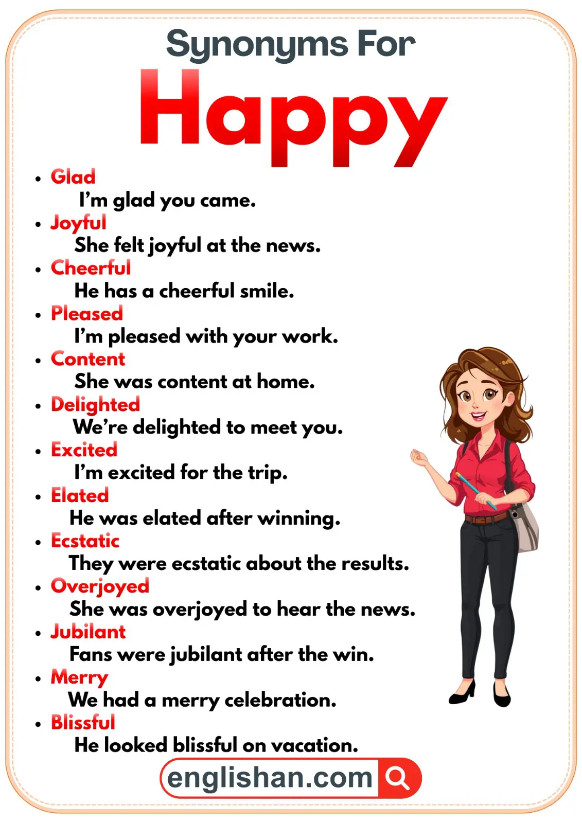 Synonyms of happy with simple meanings and example sentences