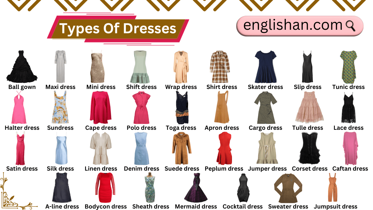 Types Of Dresses for women and their names, styles with fabric type