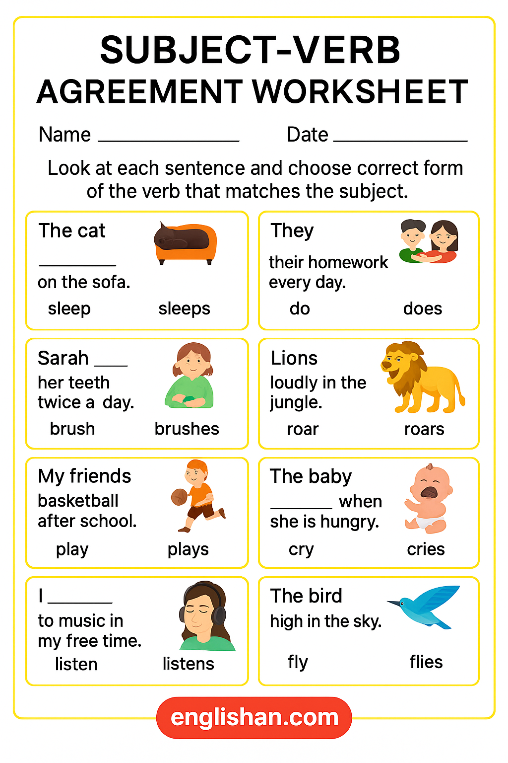Subject Verb Agreement Worksheet for Class 3