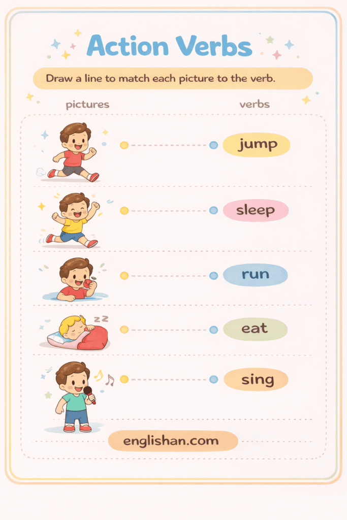 Action verbs matching worksheet for kindergarten with words like jump and run paired to pictures