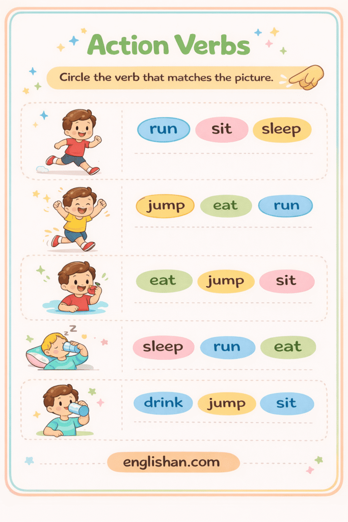 Circle action verbs exercise for kindergarten highlighting words like run and eat