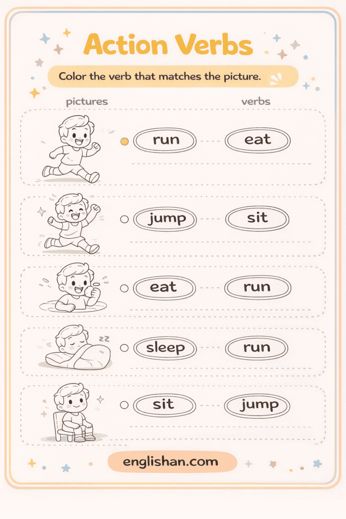 Color the verb worksheet for kindergarten with action words like run and jump shown for early learners