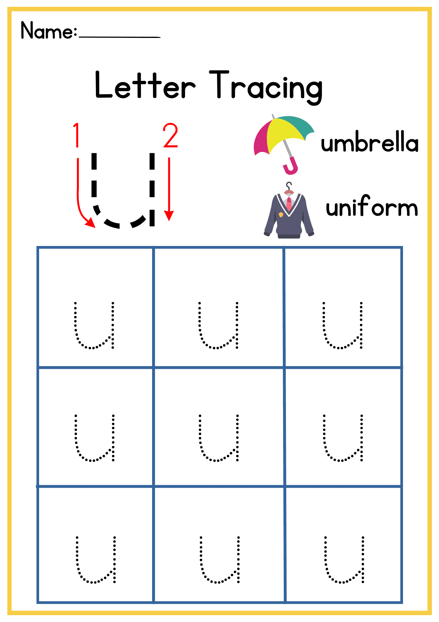 u Letter Tracing Worksheets. Trace the Small Word u.