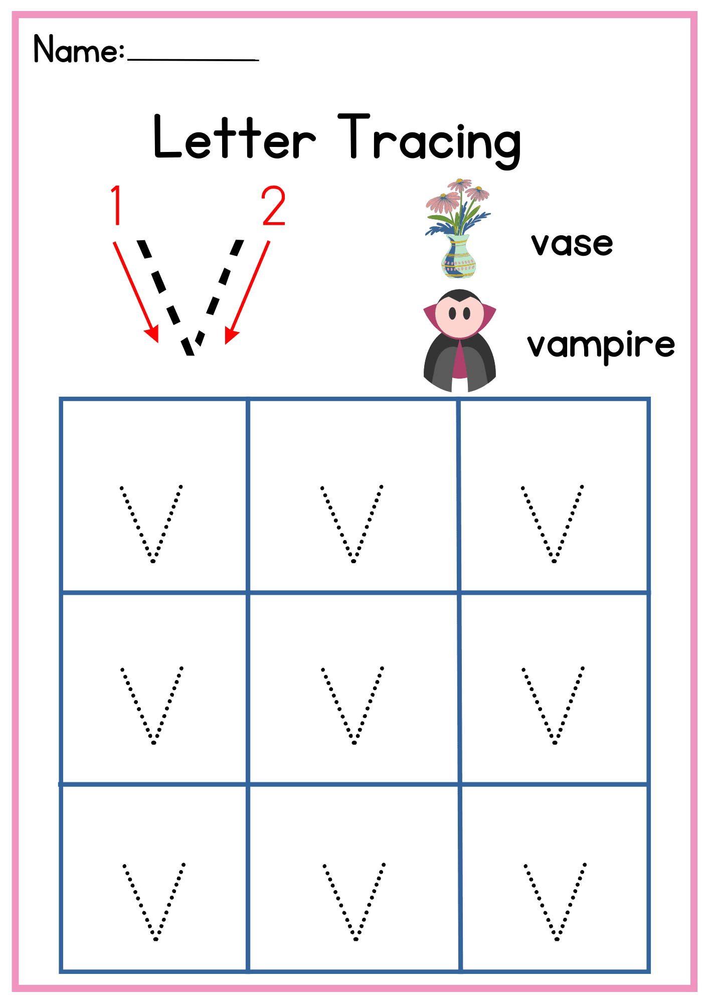 v Letter Tracing Worksheets. Trace the Small Word v.