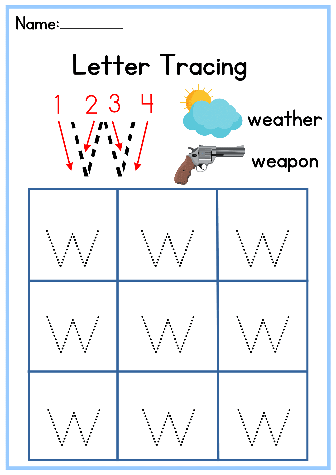 w Letter Tracing Worksheets. Trace the Small Word w.