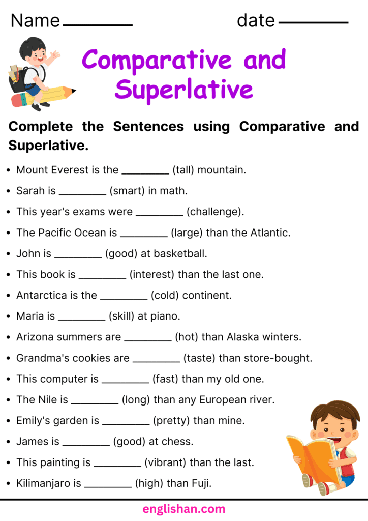 Comparative and Superlative Adjective Worksheets with sentence completion, comparison prompts, and forms such as taller and tallest.