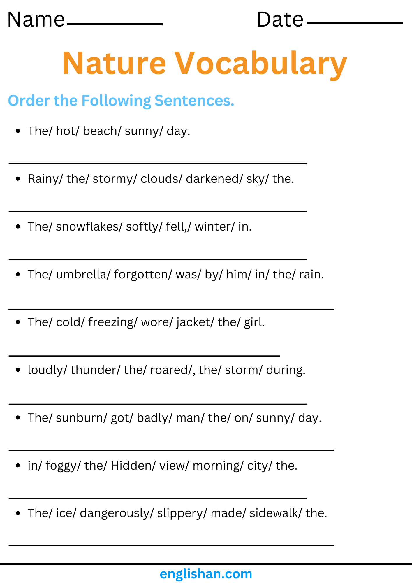 Nature Vocabulary Worksheets and Exercises. Order the Following Sentences of Fruits Vocabulary