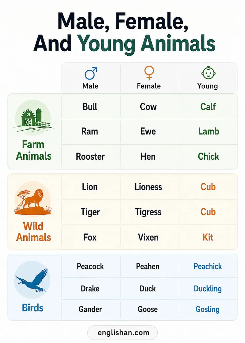 Animal Gender Nouns with masculine and feminine pairs: lion and lioness, bull and cow, stallion and mare, rooster and hen, stag and doe in English vocabulary.