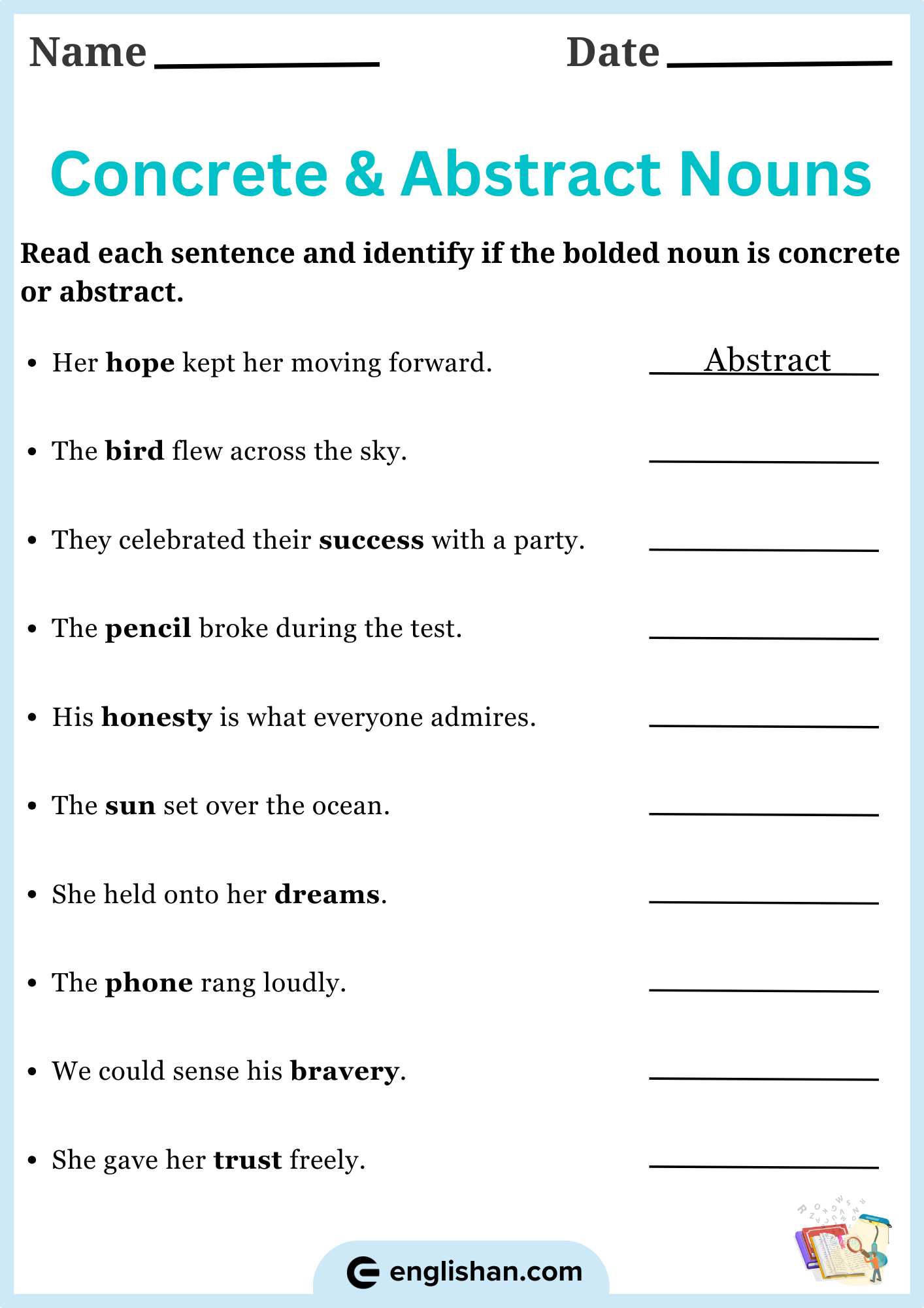 Identifying concrete and abstract nouns worksheet to enhance noun recognition skills