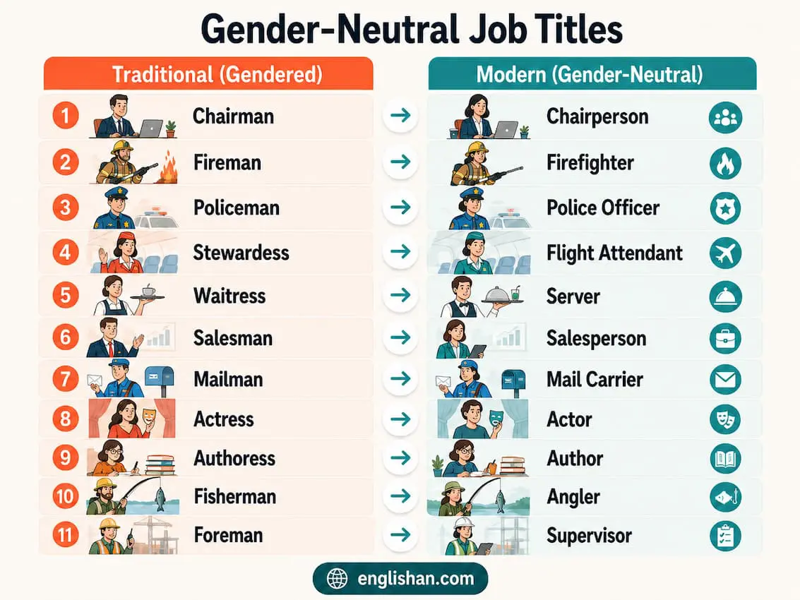 Gender-Neutral Job Titles replacing gendered words: fireman to firefighter, policeman to police officer, chairman to chairperson, stewardess to flight attendant in modern English.