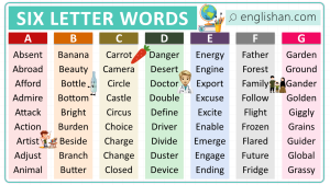 Six letter words with pictures and examples in English