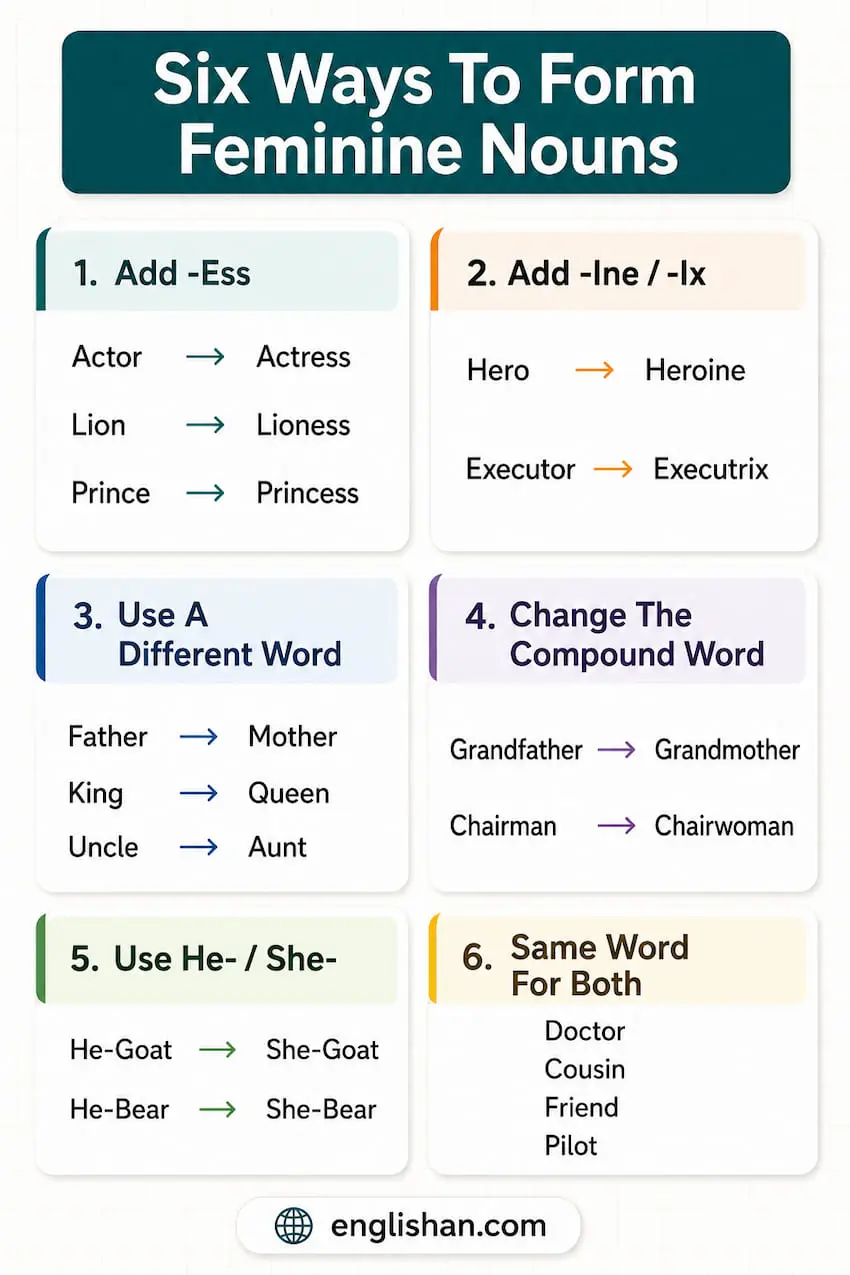 Six Ways to Form Feminine from Masculine showing suffix addition, word change, and compound swap with pairs such as actor to actress, hero to heroine, and king to queen.