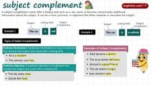 Subject complement in grammar with rules and examples