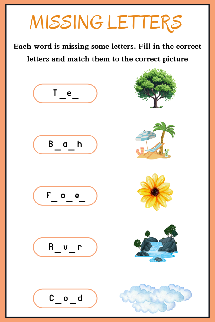 Fill in the missing letters to complete the words worksheet with answers for English learners