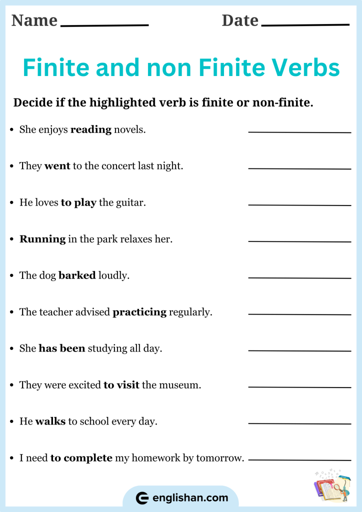 Decide if highlighted words is finite or non-finite with these grammar worksheets for learning