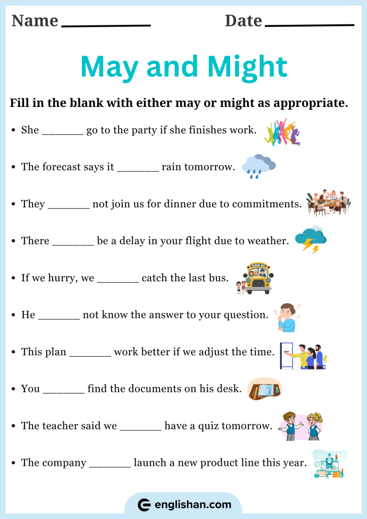 Fill in the blanks with may or might worksheets with answers for English practice