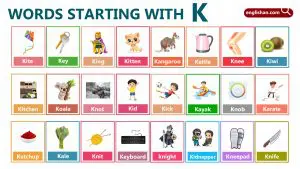 Words That Start with K vocabulary list with animals, foods, preschool