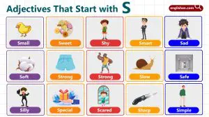 Colorful letter S with adjectives like smart, sincere, and spectacular for learning English vocabulary.