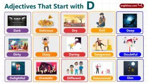 Adjectives that start with D used for describing people and feelings such as daring, devoted, and dynamic in English learning.