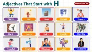 Adjectives that start with H such as happy, humble, and heroic used to describe people, feelings, and actions in English.