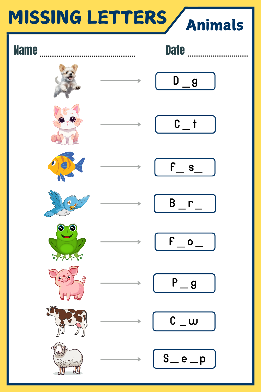 Missing Letters Animals Worksheets