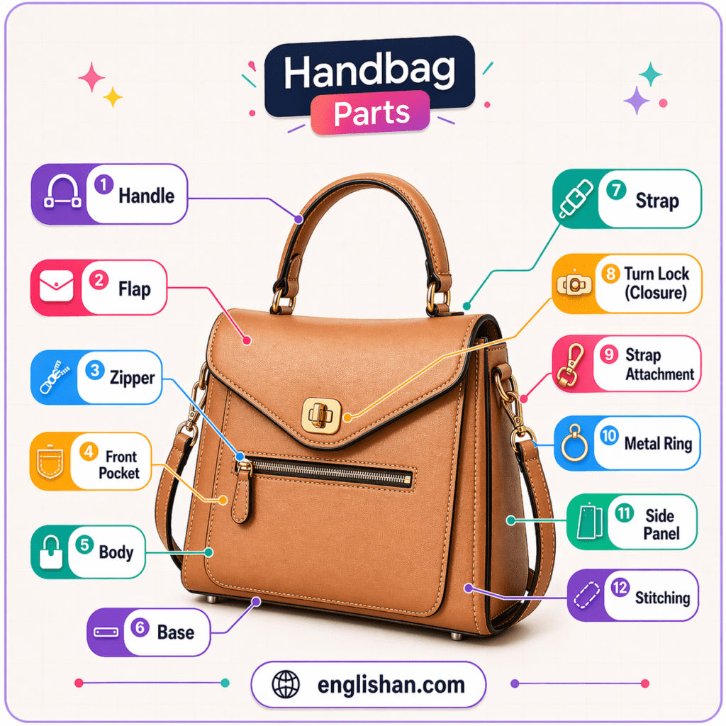 Parts of a bag labeled with strap, handle, zipper, pocket and clasp.
