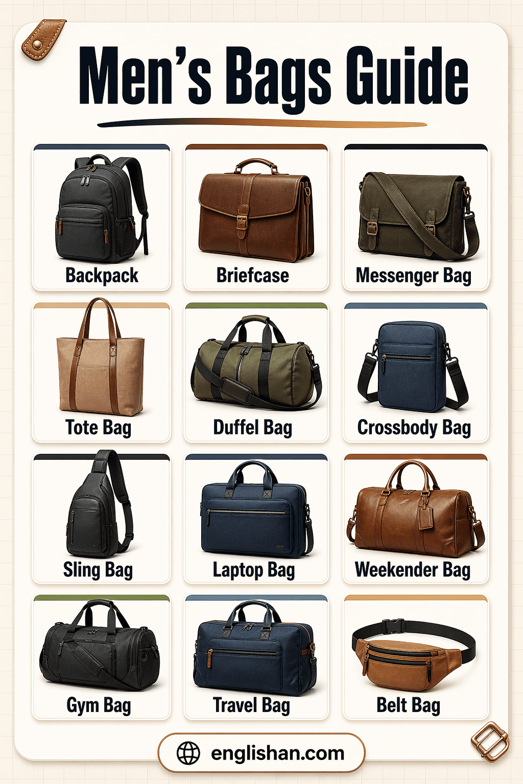 Types of bags for men including backpack, briefcase, messenger bag and duffel bag.
