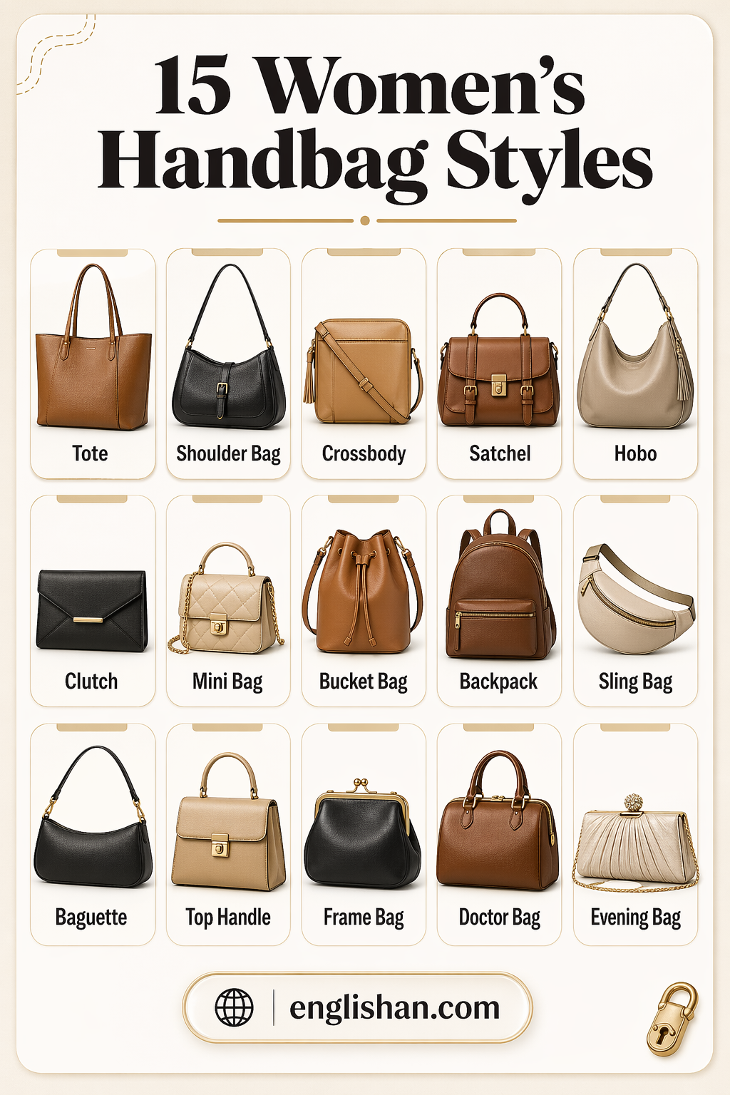 Types of handbags for women such as tote, clutch, satchel and shoulder bag.
