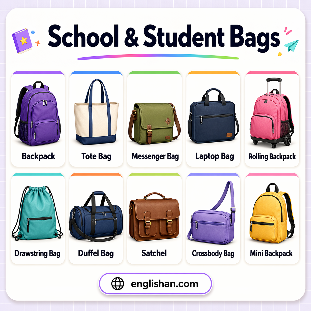 Types of school and student bags such as backpack, tote bag, messenger bag and duffel bag.
