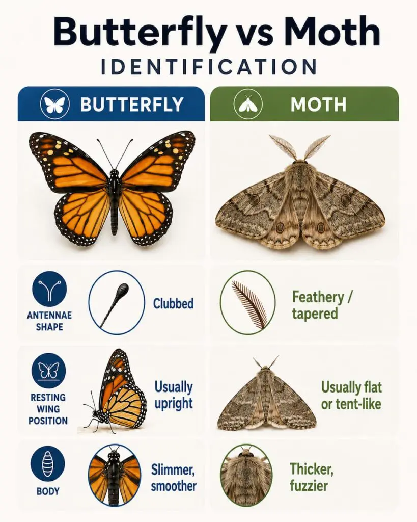Butterfly and moth comparison with antennae, wing posture, body texture, and active time