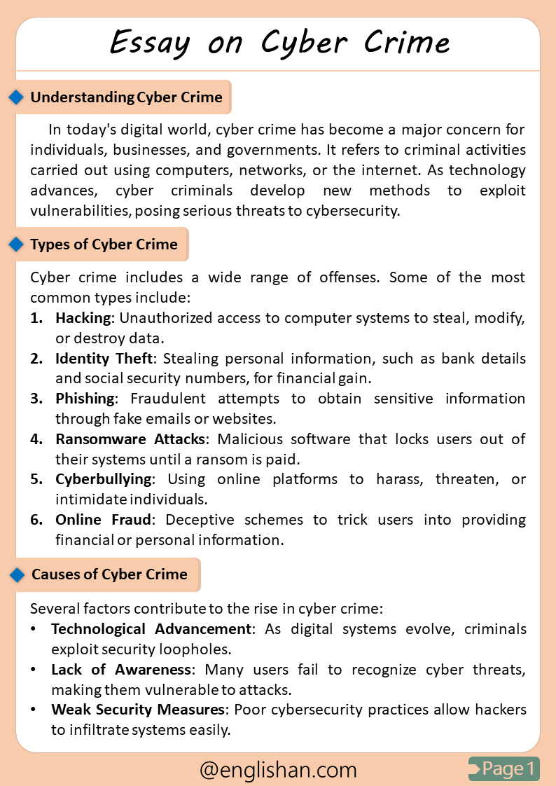 Cyber Crime Essay - Types, Causes, and Prevention