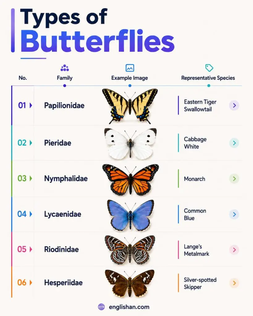 Butterfly species reference with Monarch, Swallowtail, Painted Lady, and Blue Morpho examples