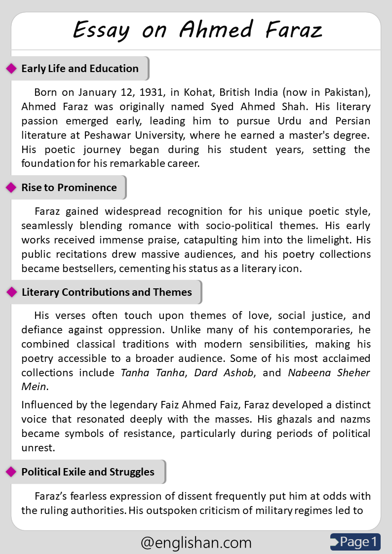 500 Words Ahmed Faraz Essay for Upper Primary and Lower Secondary