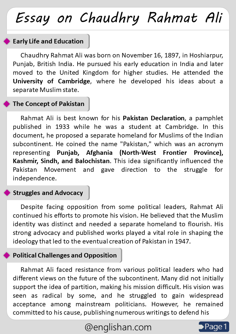 500 Words Chaudhry Rahmat Ali Essay for Upper Primary and Lower Secondary