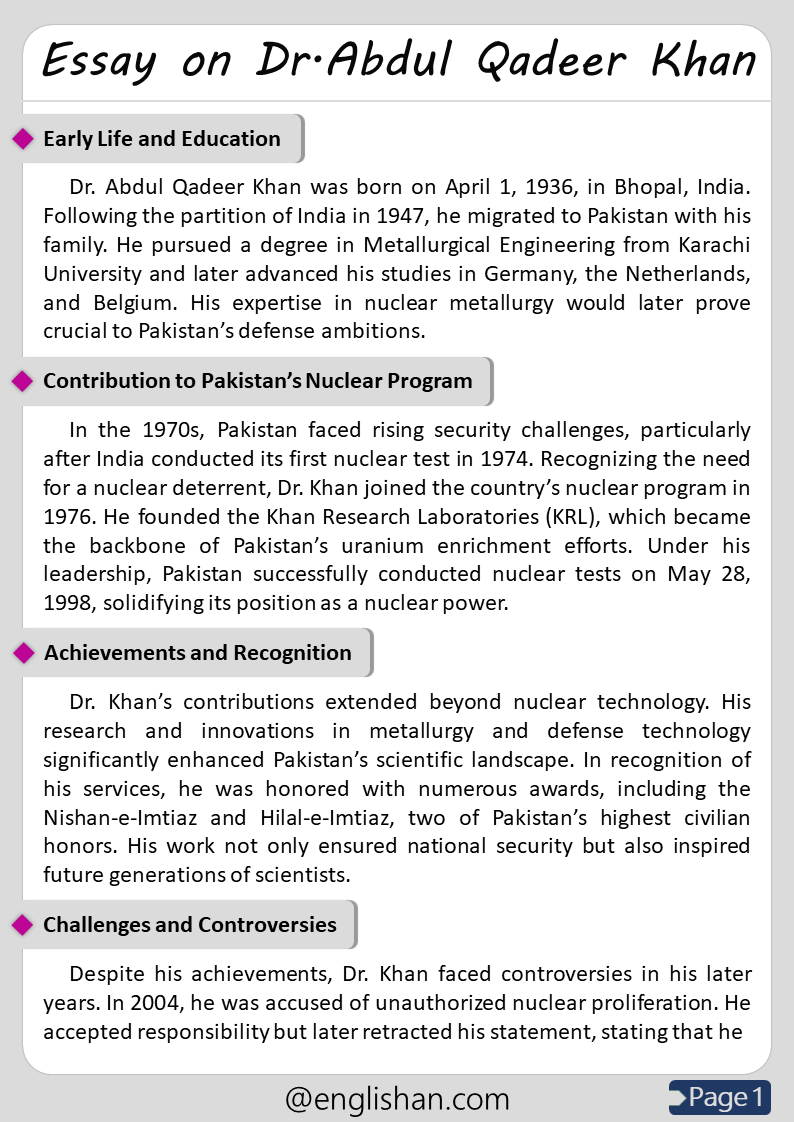 500 Words Dr. Abdul Qadeer Khan Essay for Upper Primary and Lower Secondary