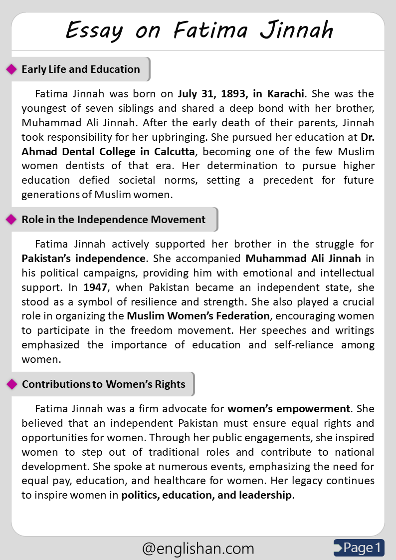 500 Words Fatima Jinnah Essay for Upper Primary and Lower Secondary
