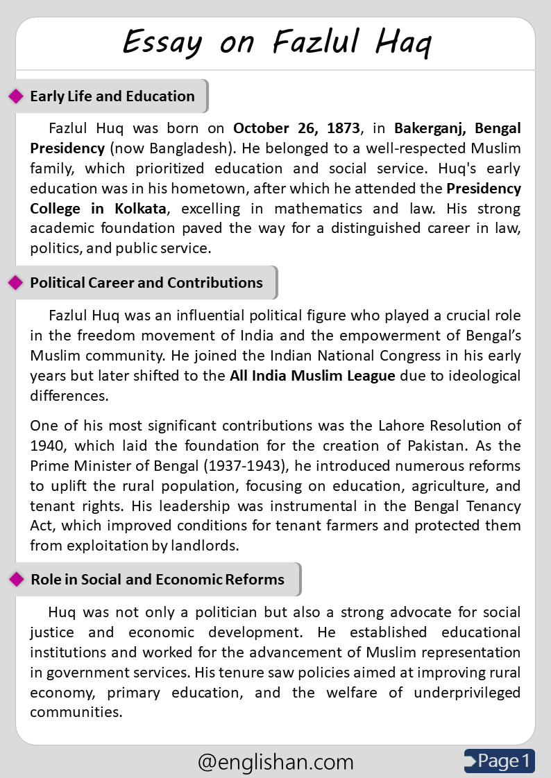 500 Words Fazlul Huq Essay for Upper Primary and Lower Secondary