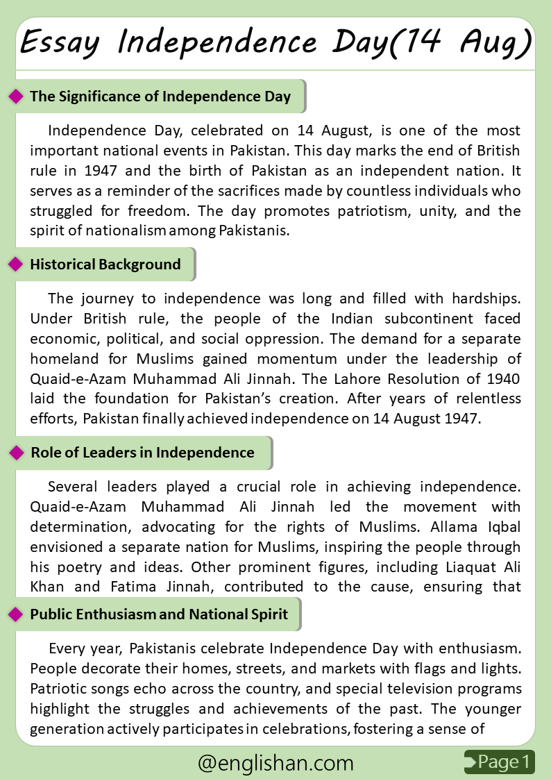 Essay on Independence Day (14 August) – 500 words