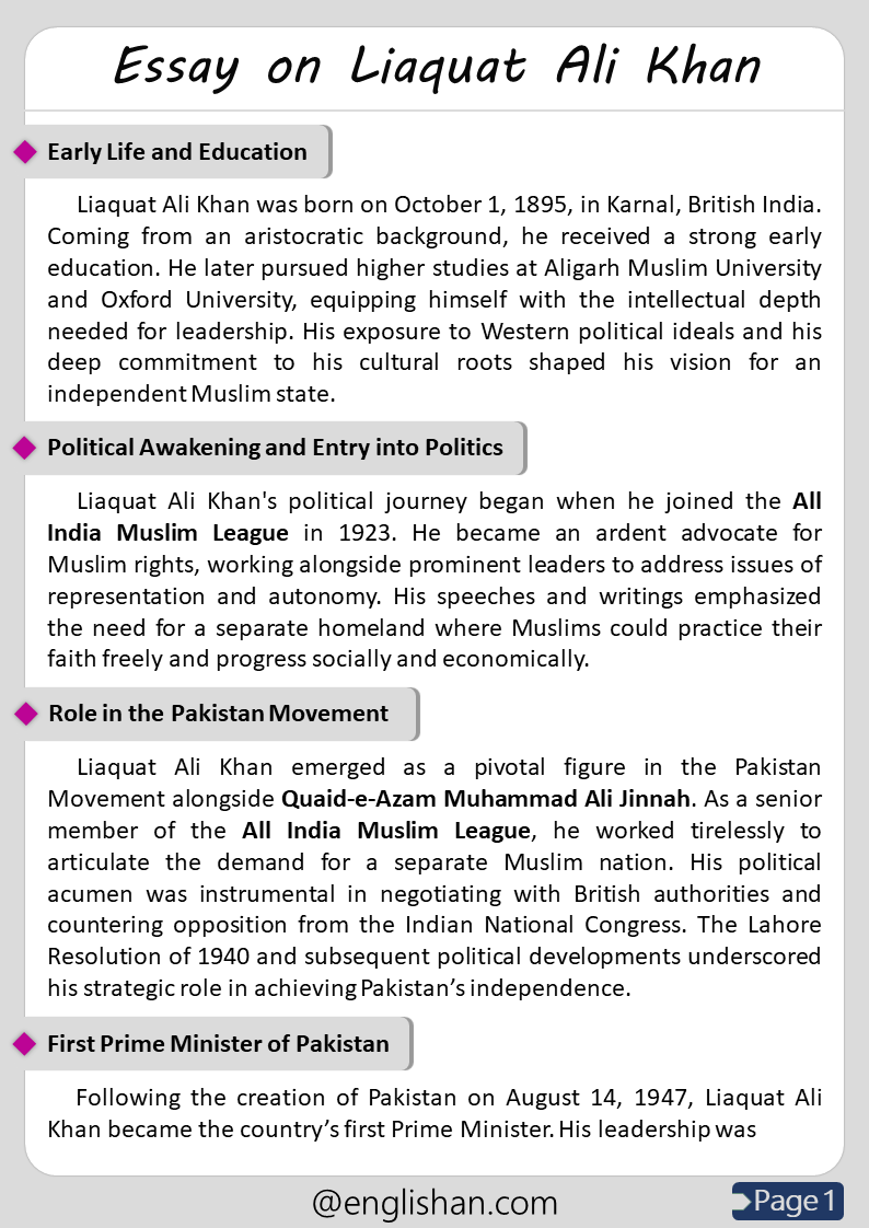 500 Words Liaquat Ali Khan Essay for Upper Primary and Lower Secondary